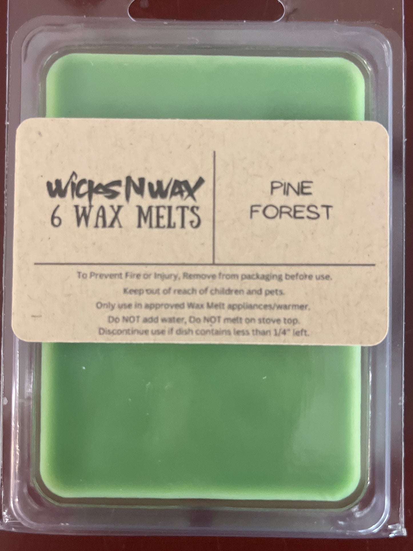Pine Forest wax melts, green square wax slab with WicksNWax label