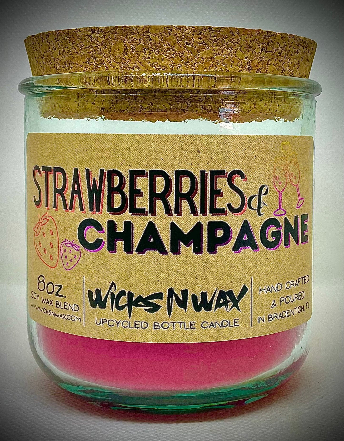 Strawberries & Champagne | Candle | 100% Recycled Glass | WicksNWax