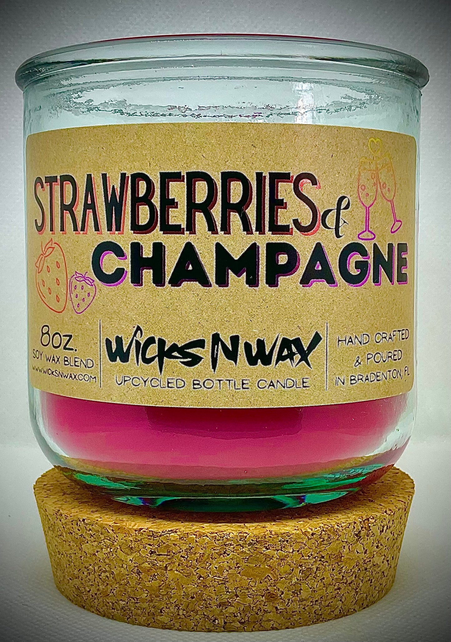 Strawberries & Champagne | Candle | 100% Recycled Glass | WicksNWax