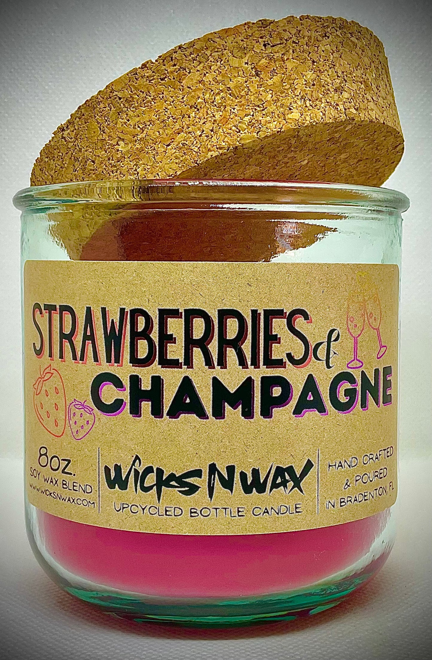 Strawberries & Champagne | Candle | 100% Recycled Glass | WicksNWax