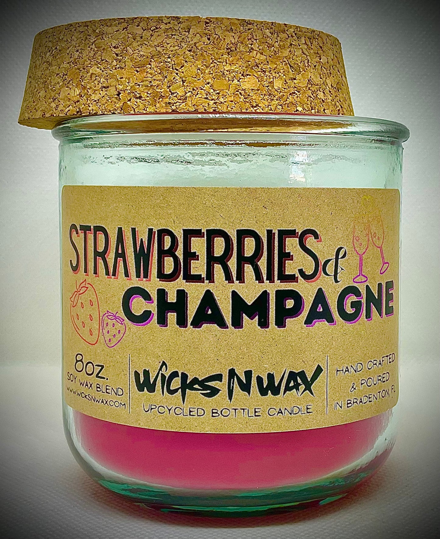 Strawberries & Champagne | Candle | 100% Recycled Glass | WicksNWax