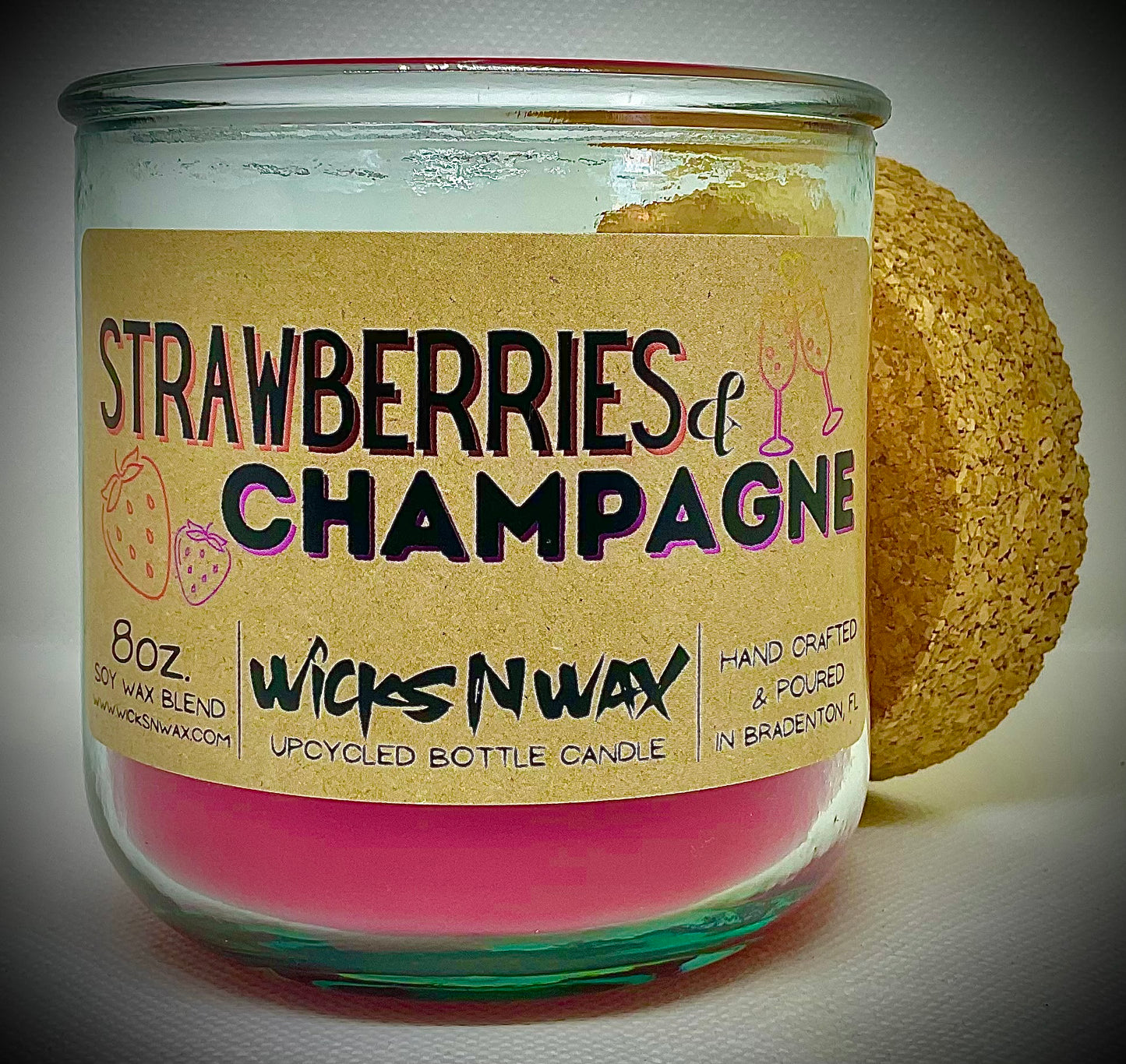 Strawberries & Champagne | Candle | 100% Recycled Glass | WicksNWax