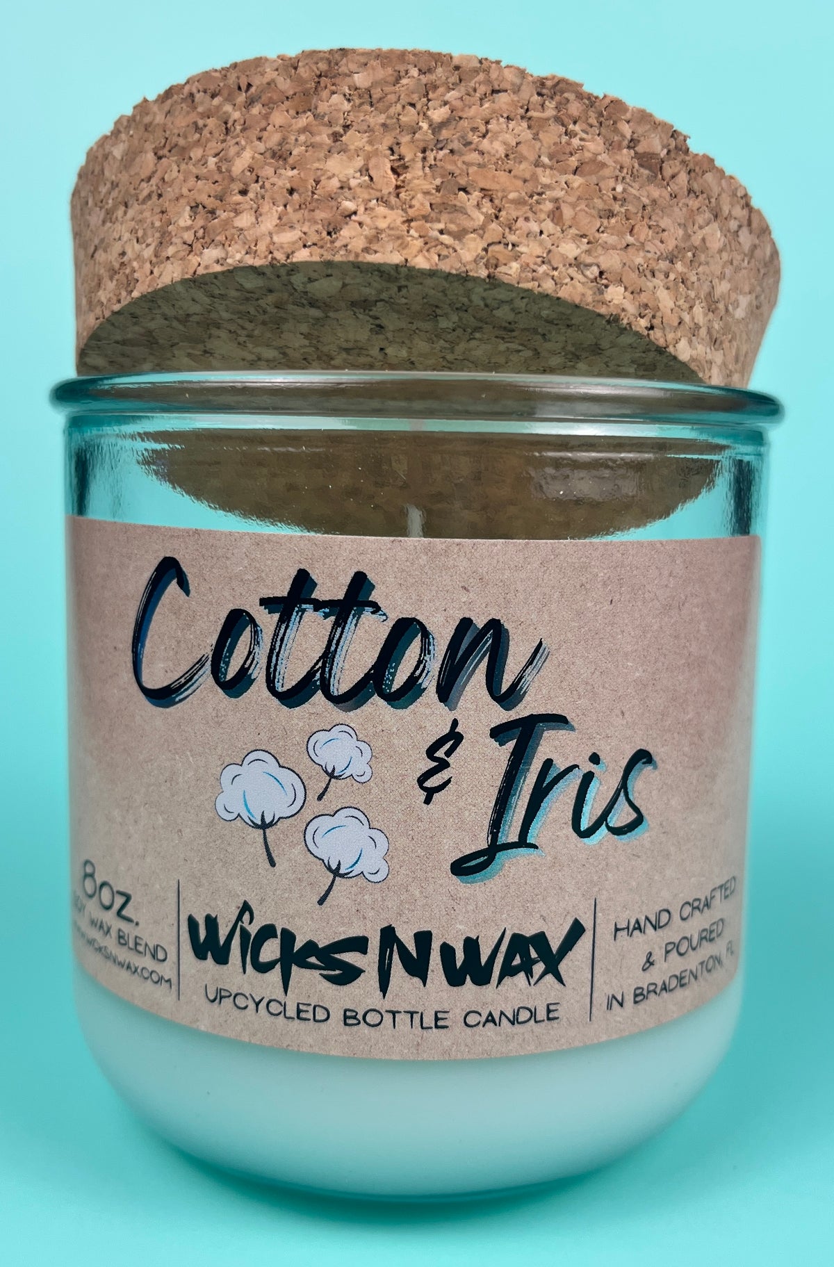 Recycled glass candle in clear jar with cork lid and kraft label, “Cotton & Iris”