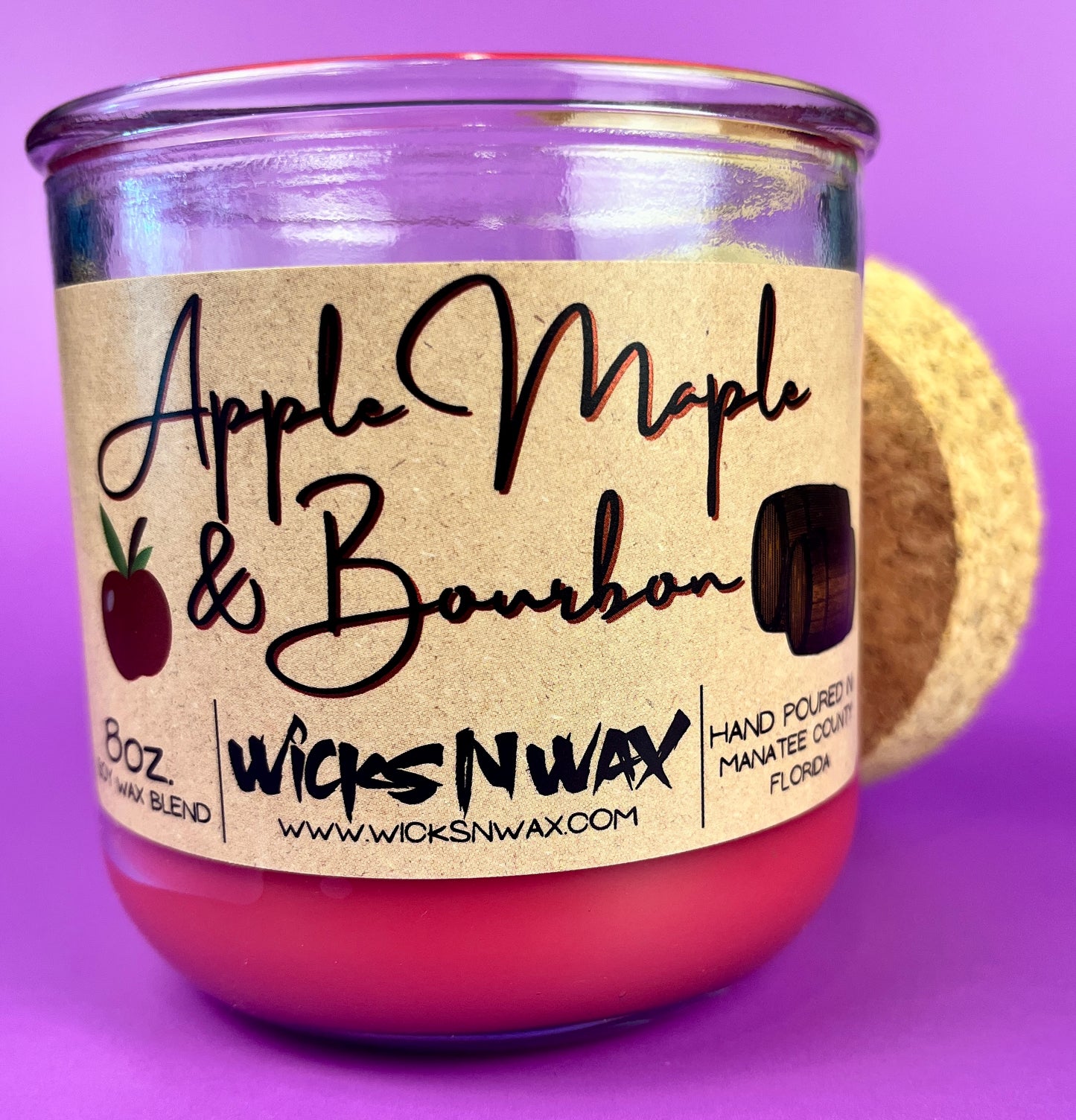 Apple Maple & Bourbon candle in recycled glass, red wax, WicksNWax label