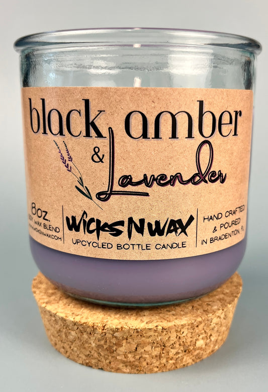 Recycled glass candle with cork base and purple wax; WicksNWax Black Amber & Lavender label