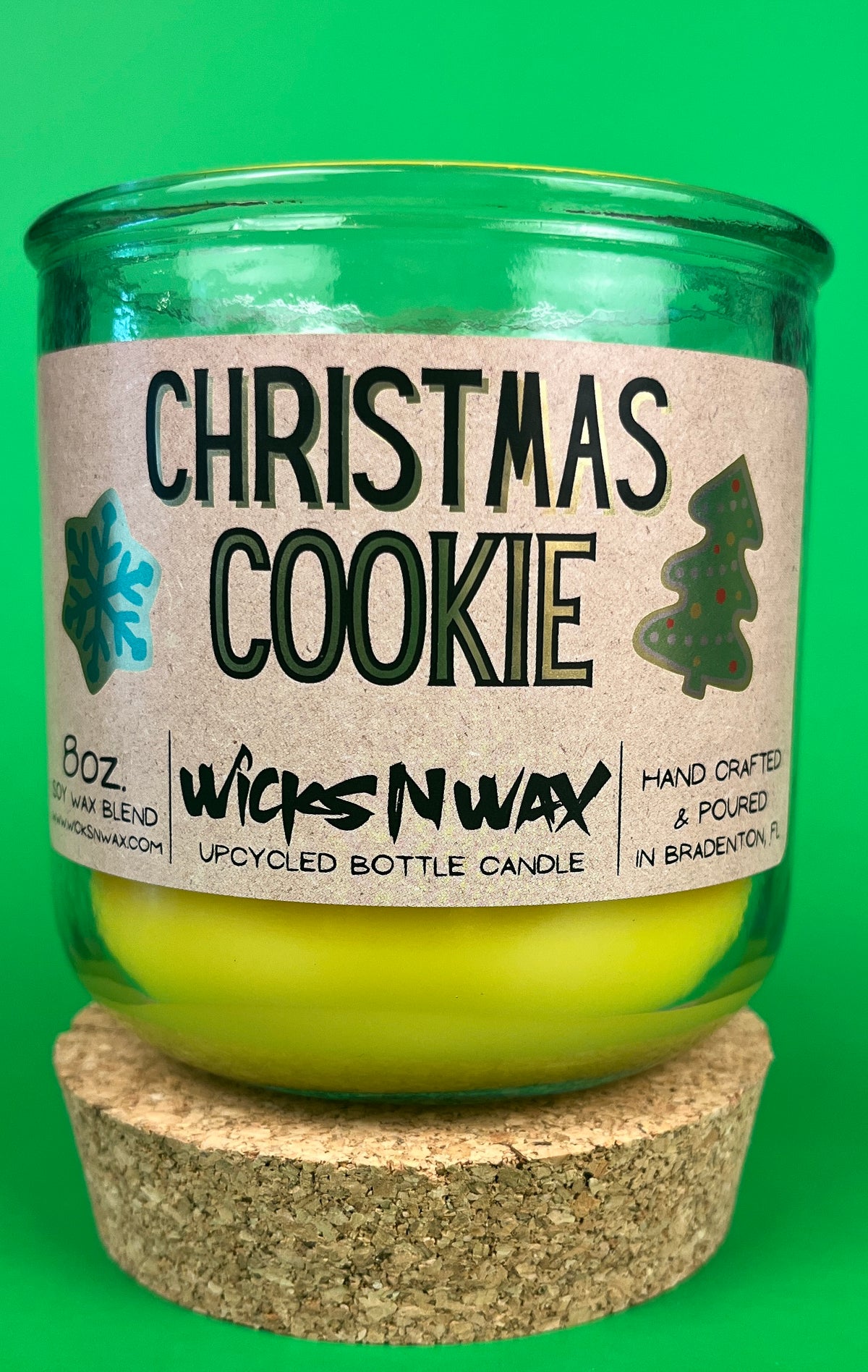 Christmas Cookie recycled-glass candle, green jar with cork lid, yellow wax