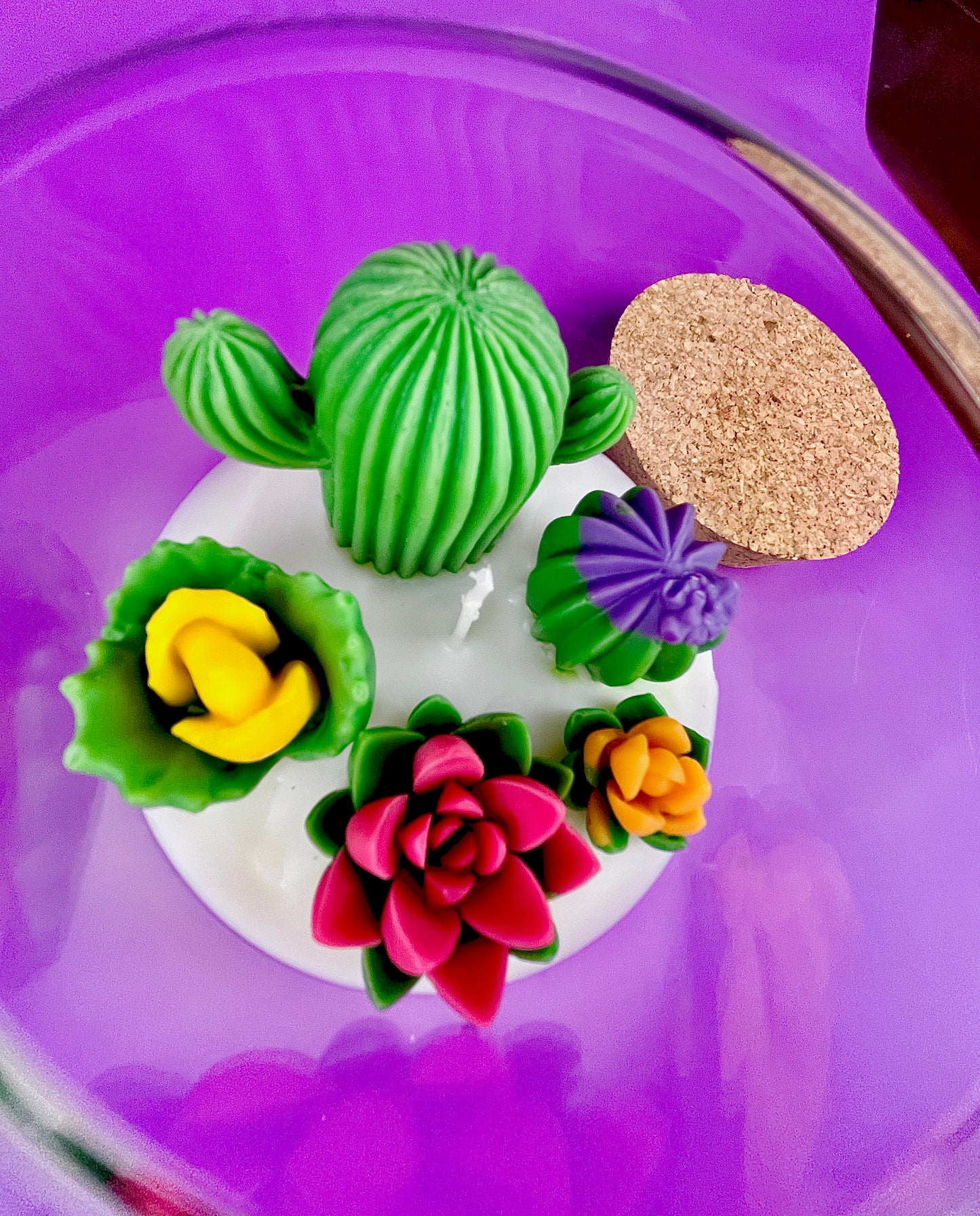 Large cactus art candle close-up in glass jar with green cactus and purple flower waxes