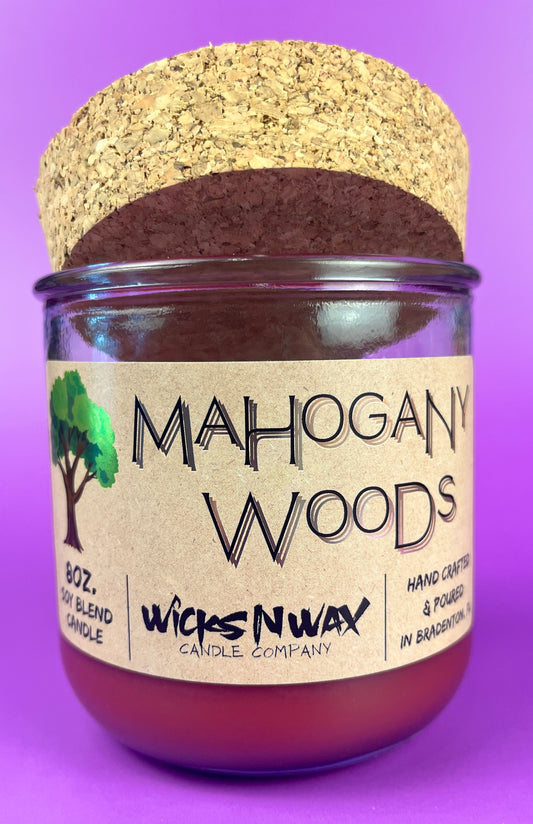 Recycled glass candle with burgundy wax and cork lid, Mahogany Woods label
