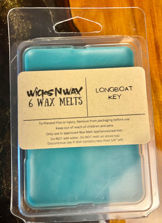 WicksNWax longboat key wax melts, teal wax squares in plastic clamshell