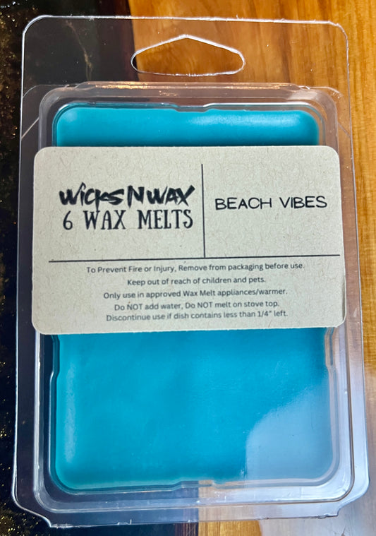 WicksNWax 6 wax melts in blue, labeled "Beach Vibes"