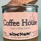 Recycled glass candle with cork coaster, amber wax, pink label: Coffee House Irish Coffee Creme