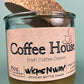 Recycled glass candle with cork coaster, amber wax, pink label: Coffee House Irish Coffee Creme