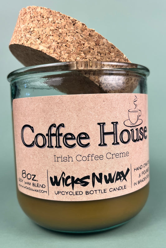 Recycled glass candle with cork coaster, amber wax, pink label: Coffee House Irish Coffee Creme