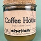 Recycled glass candle with cork coaster, amber wax, pink label: Coffee House Irish Coffee Creme