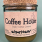 Recycled glass candle with cork coaster, amber wax, pink label: Coffee House Irish Coffee Creme