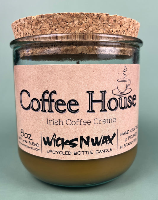 Recycled glass candle with cork coaster, amber wax, pink label: Coffee House Irish Coffee Creme