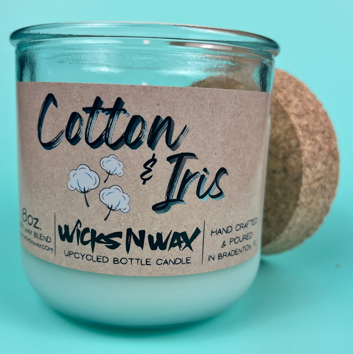 Recycled glass candle with cork lid and Cotton & Iris front label, WicksNWax