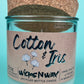 Recycled glass candle in clear jar with cork lid and kraft label, “Cotton & Iris”