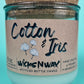 Recycled glass candle in clear jar with cork lid and kraft label, centered front