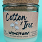 Recycled glass bottle candle with cork lid, Cotton & Iris label and WicksNWax logo