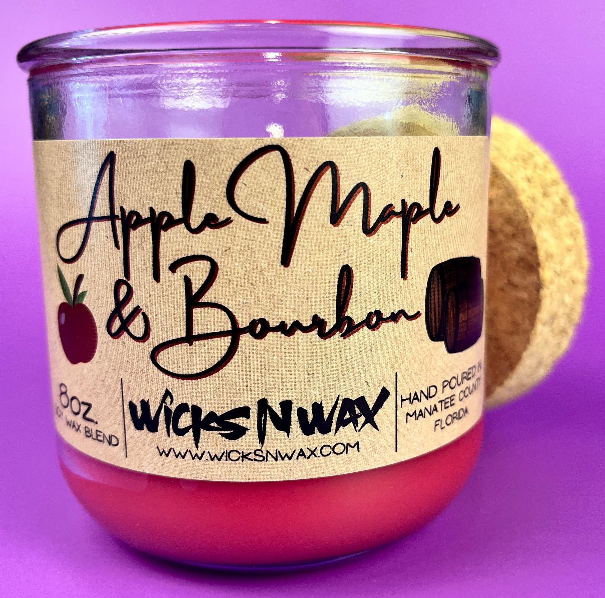Apple Maple & Bourbon candle in recycled glass, red wax, WicksNWax label front
