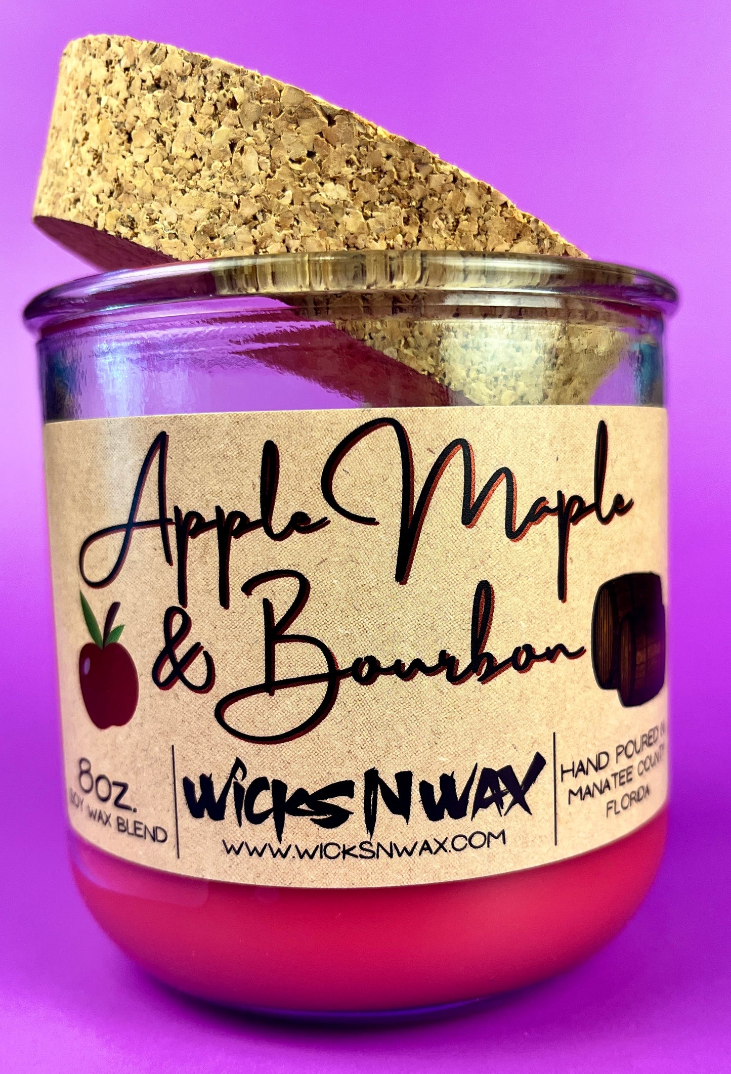 Apple Maple & Bourbon candle with red wax, cork lid, recycled glass, WicksNWax