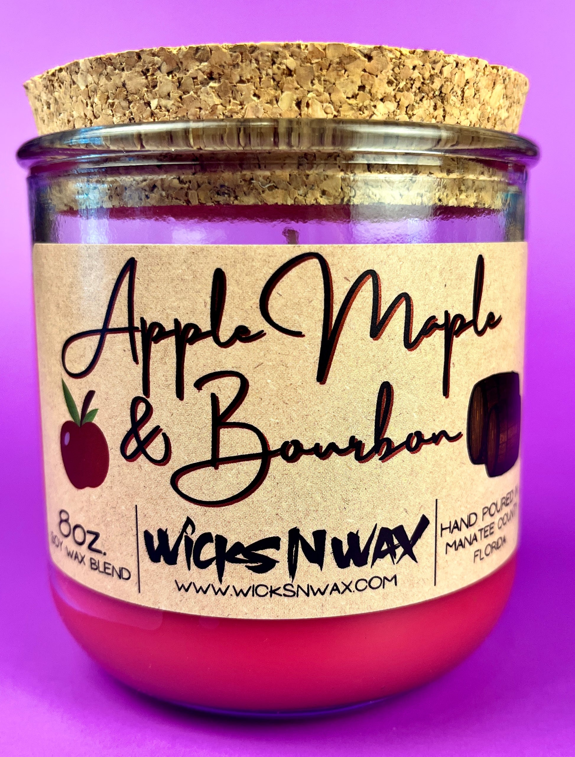 Apple Maple & Bourbon candle in recycled glass, red wax, cork lid