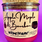 Recycled glass candle with red wax, cork lid, Apple Maple & Bourbon label