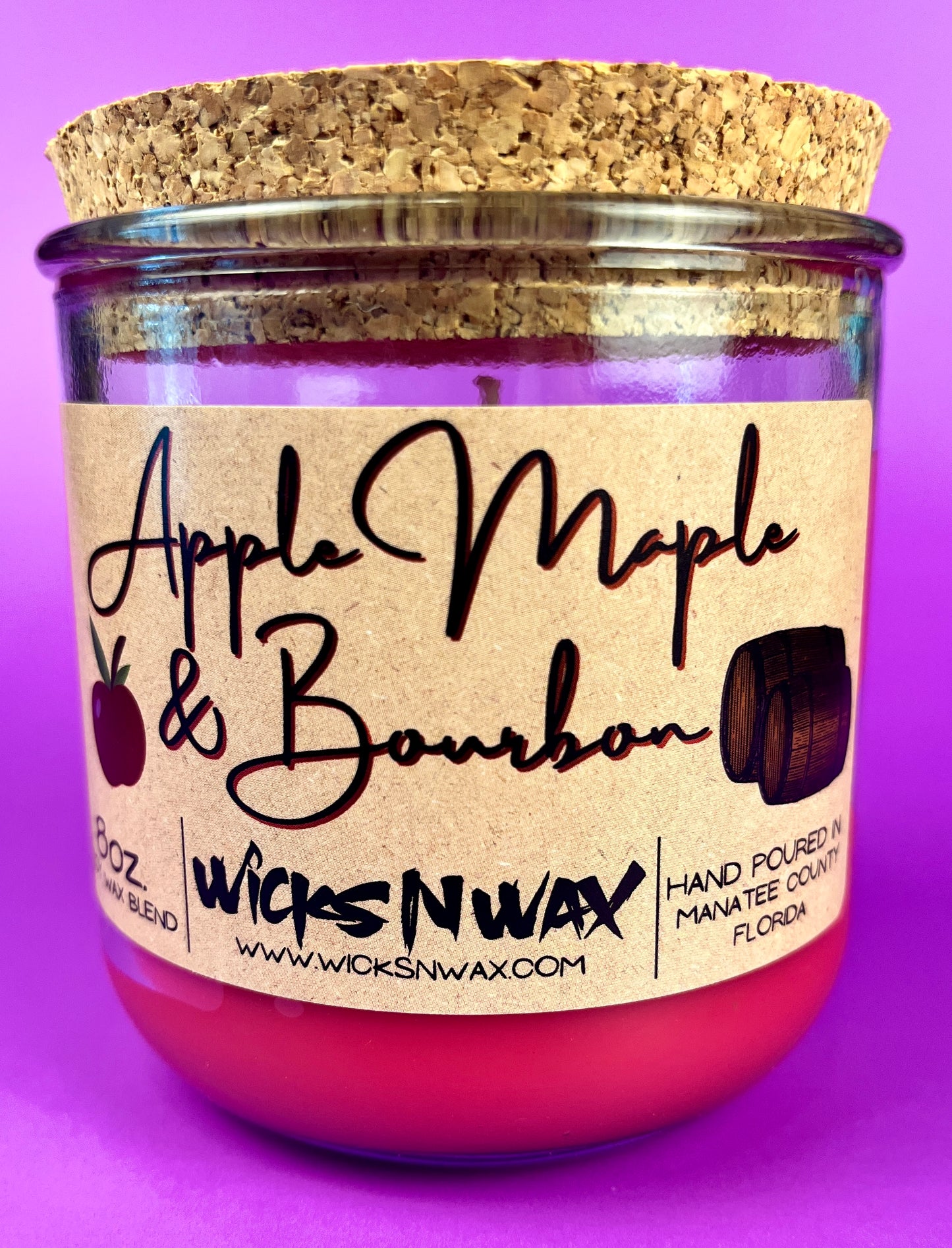 Recycled glass candle with red wax, cork lid, Apple Maple & Bourbon label