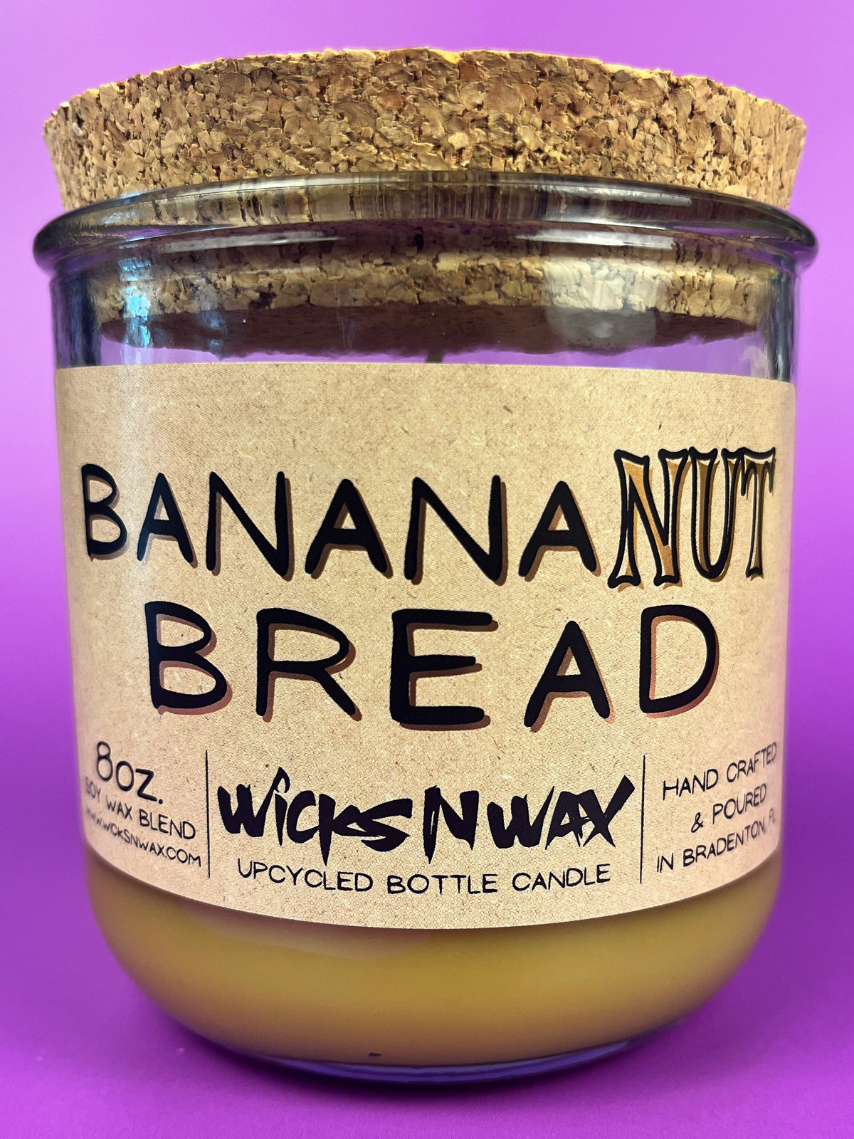 Banana nut bread scented candle in recycled glass jar with cork lid, cream wax