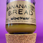 Recycled glass candle jar on cork base, Banana Nut Bread label and beige wax