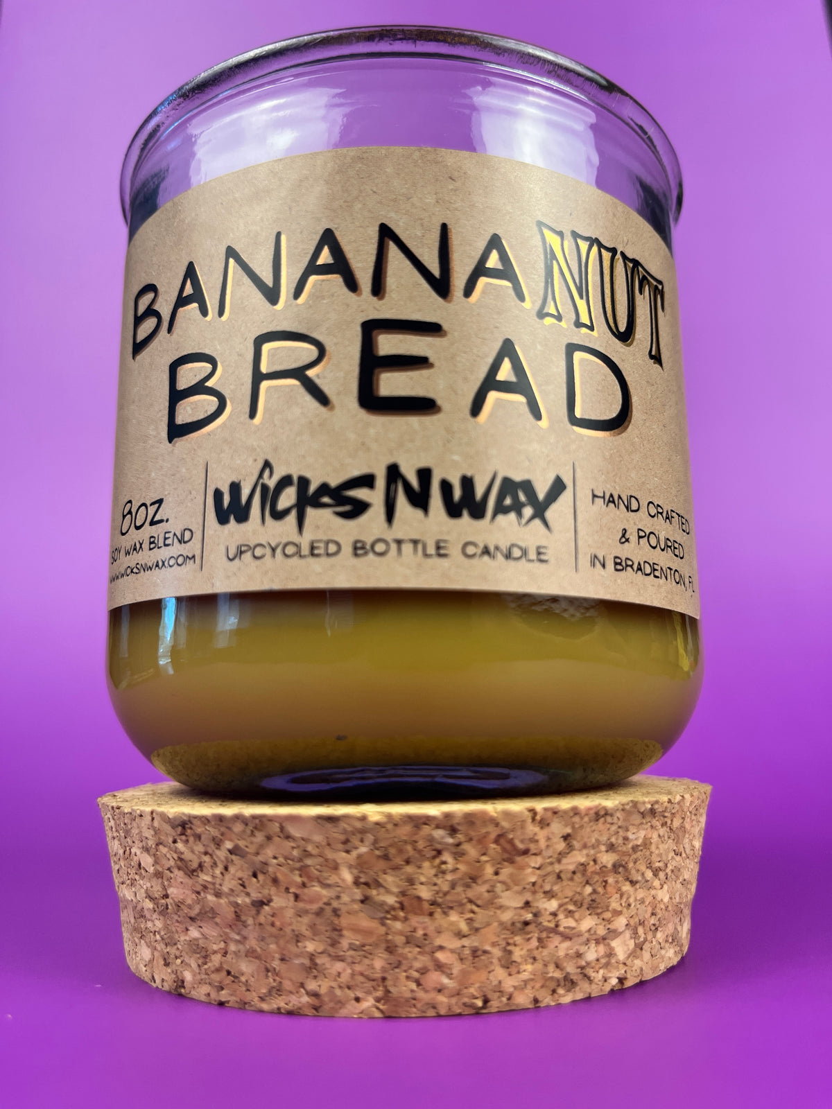 Recycled glass candle jar on cork base, Banana Nut Bread label and beige wax