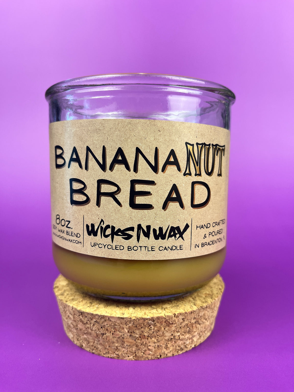 Recycled glass candle jar with cork lid, Banana Nut Bread label, WicksNWax