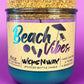 Recycled glass candle in blue jar with cork lid and Beach Vibes label, 8 oz