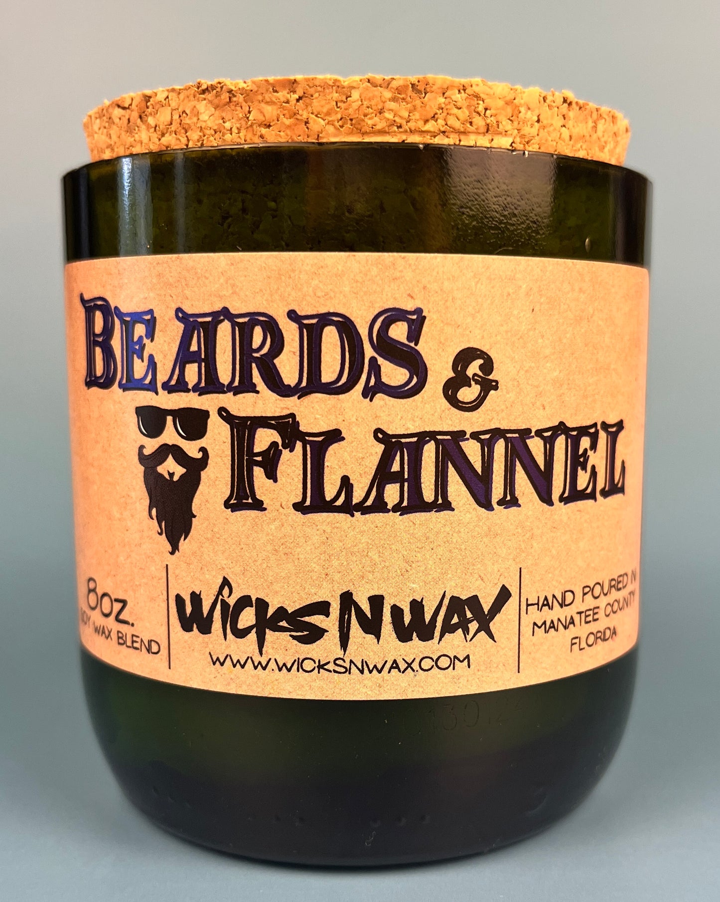 Candle jar with cork lid and Beards & Flannel printed label