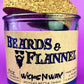 Blue recycled glass candle with cork lid, label text "Beards & Flannel".
