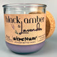 Recycled glass candle jar with purple wax; WicksNWax Black Amber & Lavender label on front