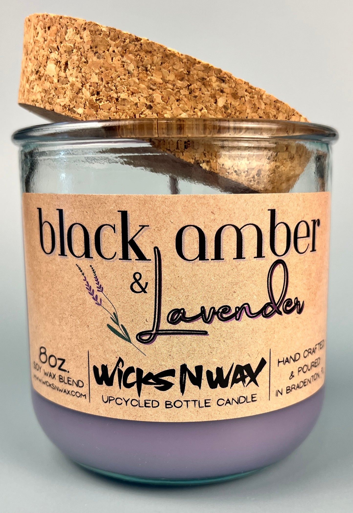 Recycled glass candle jar with cork lid, purple wax; WicksNWax Black Amber & Lavender