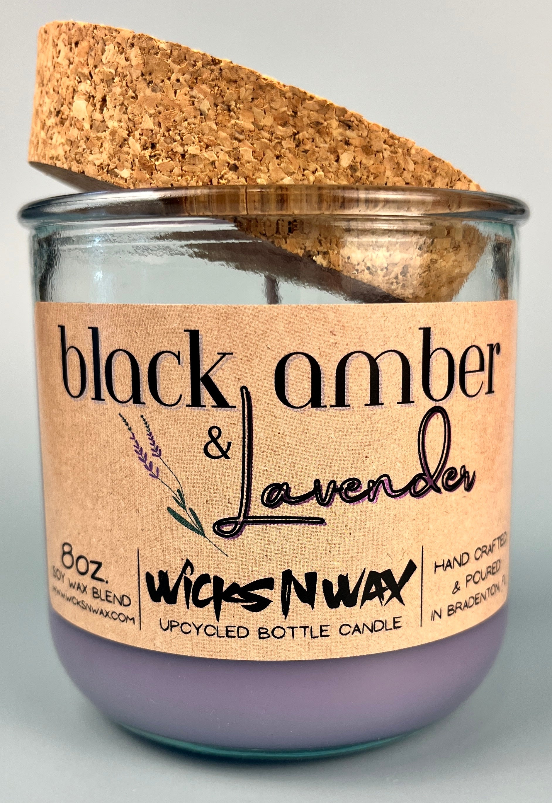 Recycled glass candle jar with cork lid, purple wax; WicksNWax Black Amber & Lavender