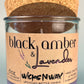 Recycled glass candle with cork lid and purple wax; WicksNWax Black Amber & Lavender label