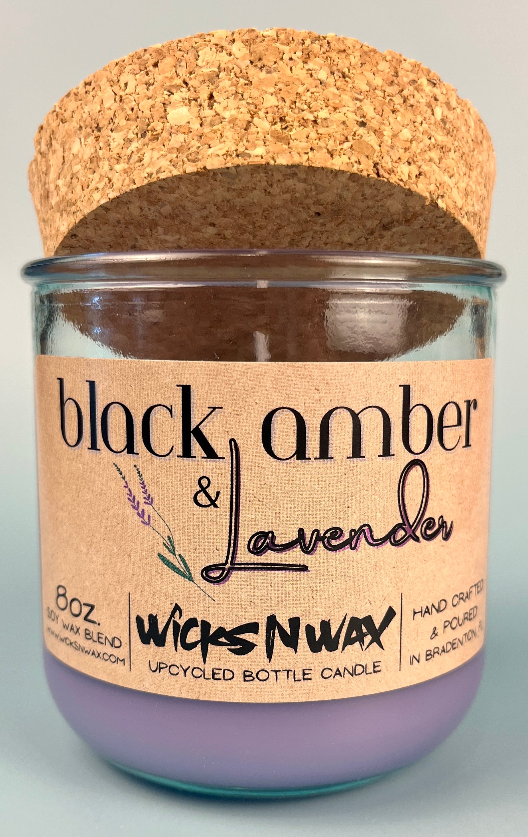 Recycled glass candle with cork lid and purple wax; WicksNWax Black Amber & Lavender label