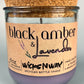 Recycled glass candle jar with cork lid, purple wax; WicksNWax Black Amber & Lavender on label