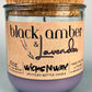 Recycled glass candle jar with cork lid and purple wax; WicksNWax Black Amber & Lavender label close
