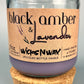 Recycled glass candle with cork base and purple wax; WicksNWax Black Amber & Lavender label