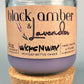 Recycled glass candle jar with cork base, purple wax; WicksNWax Black Amber & Lavender label