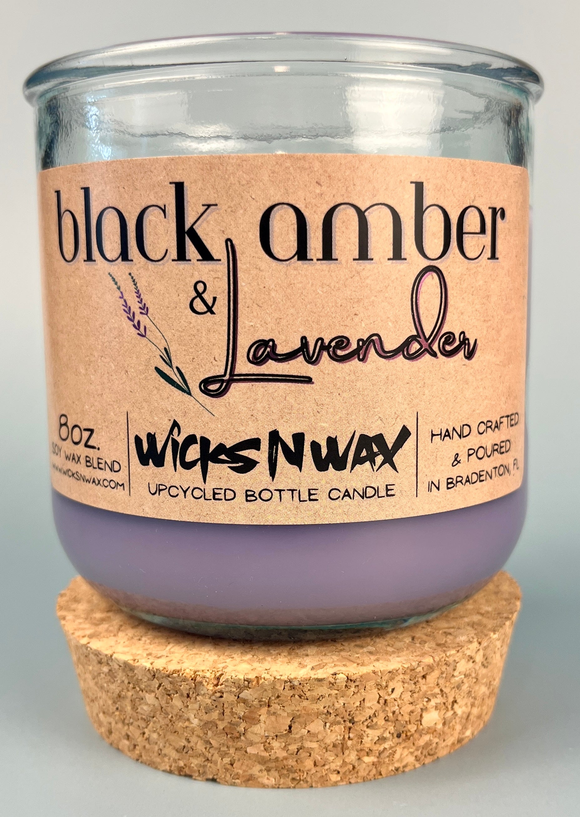 Recycled glass candle jar with cork base, purple wax; WicksNWax Black Amber & Lavender label