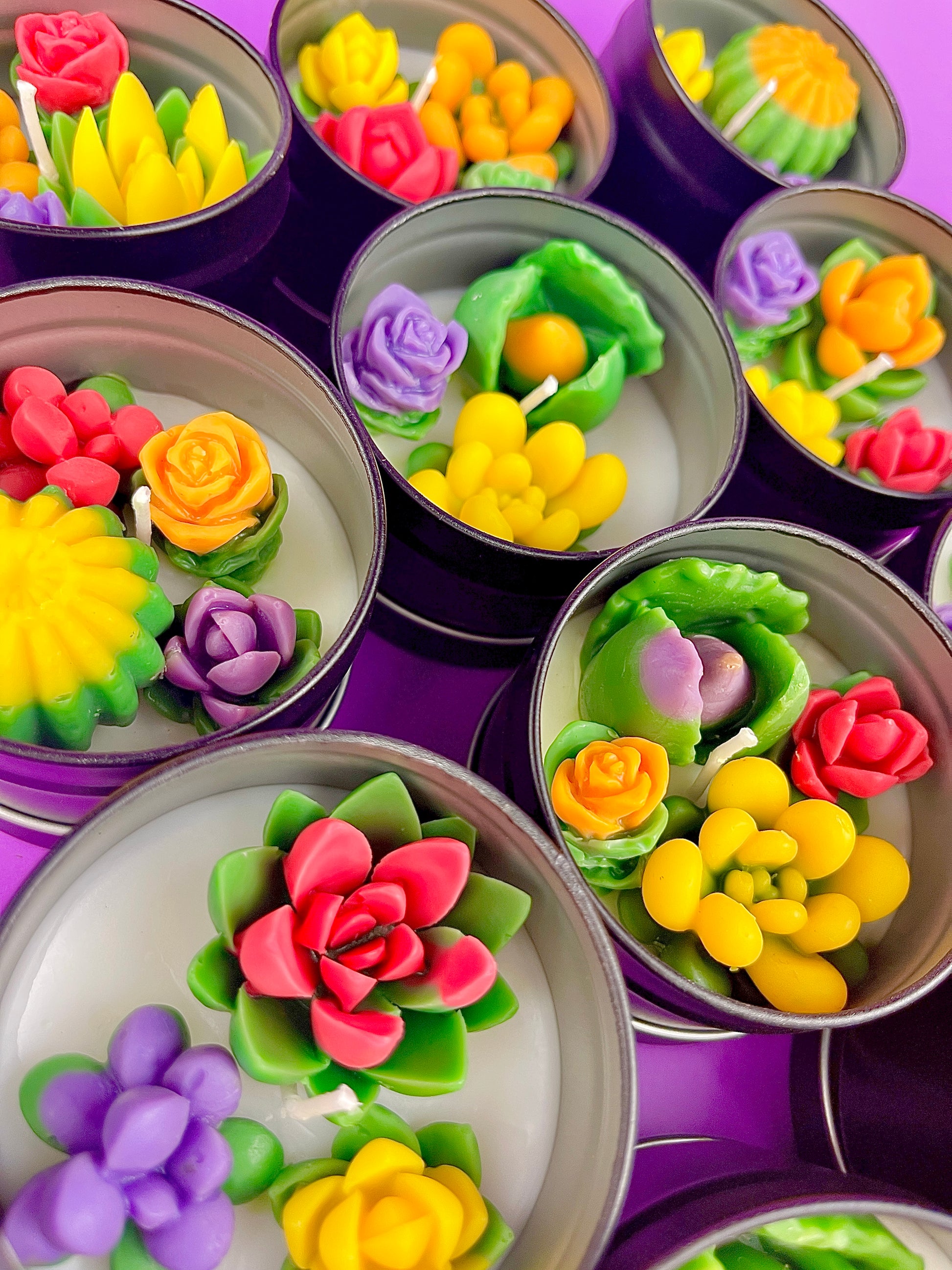Small cactus art tin set featuring rose, tulip, and green leaf wax pieces