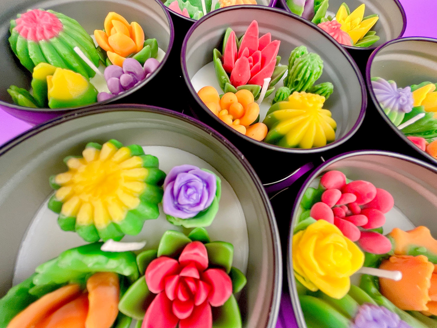 Large cactus art tin with flower-shaped wax pieces in green, yellow, purple, red and orange