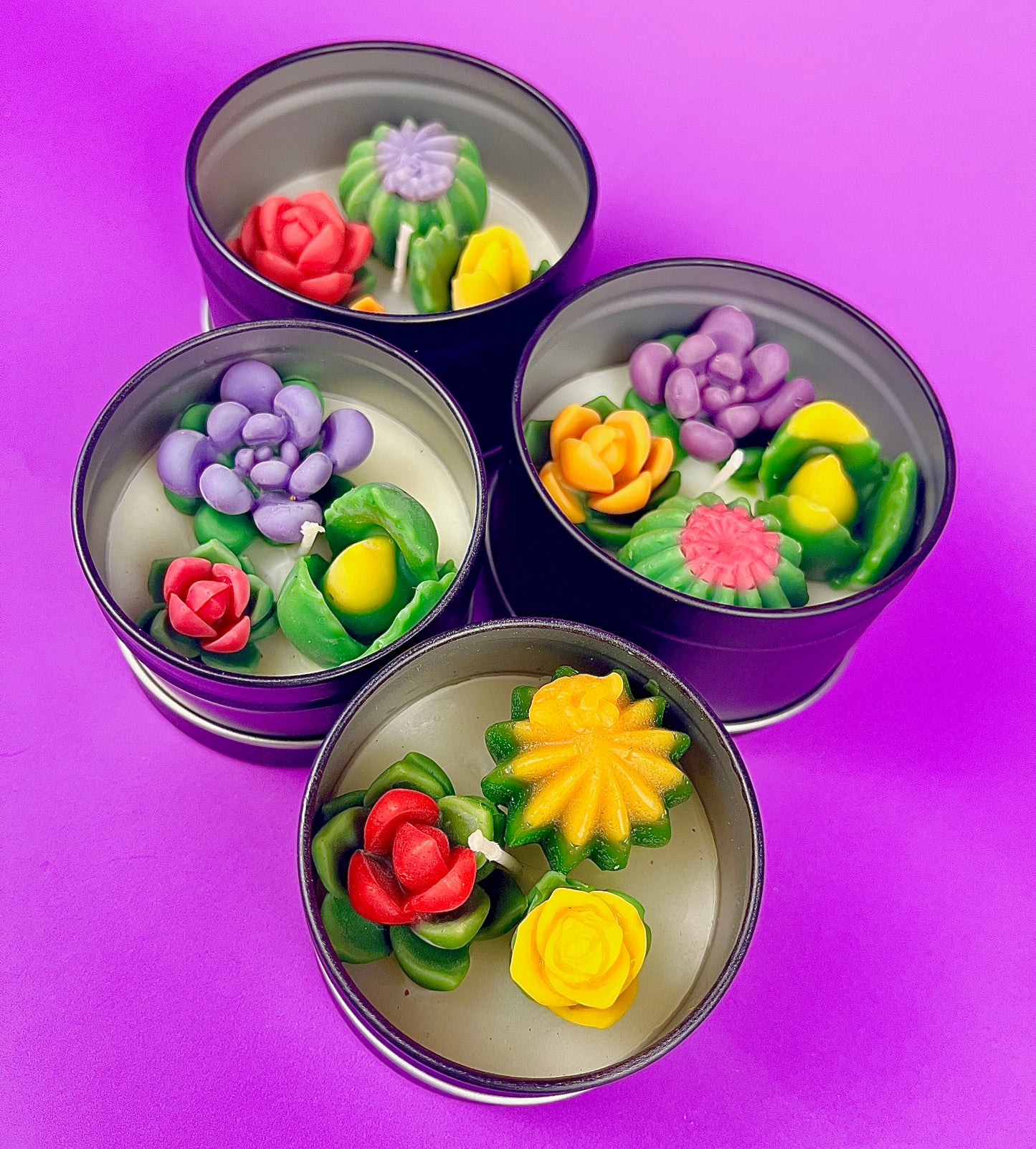 Small cactus art tin set with three cups of colorful flower and leaf wax pieces
