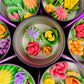 Large cactus art tin with close-up flower-shaped wax pieces in pink, yellow and green